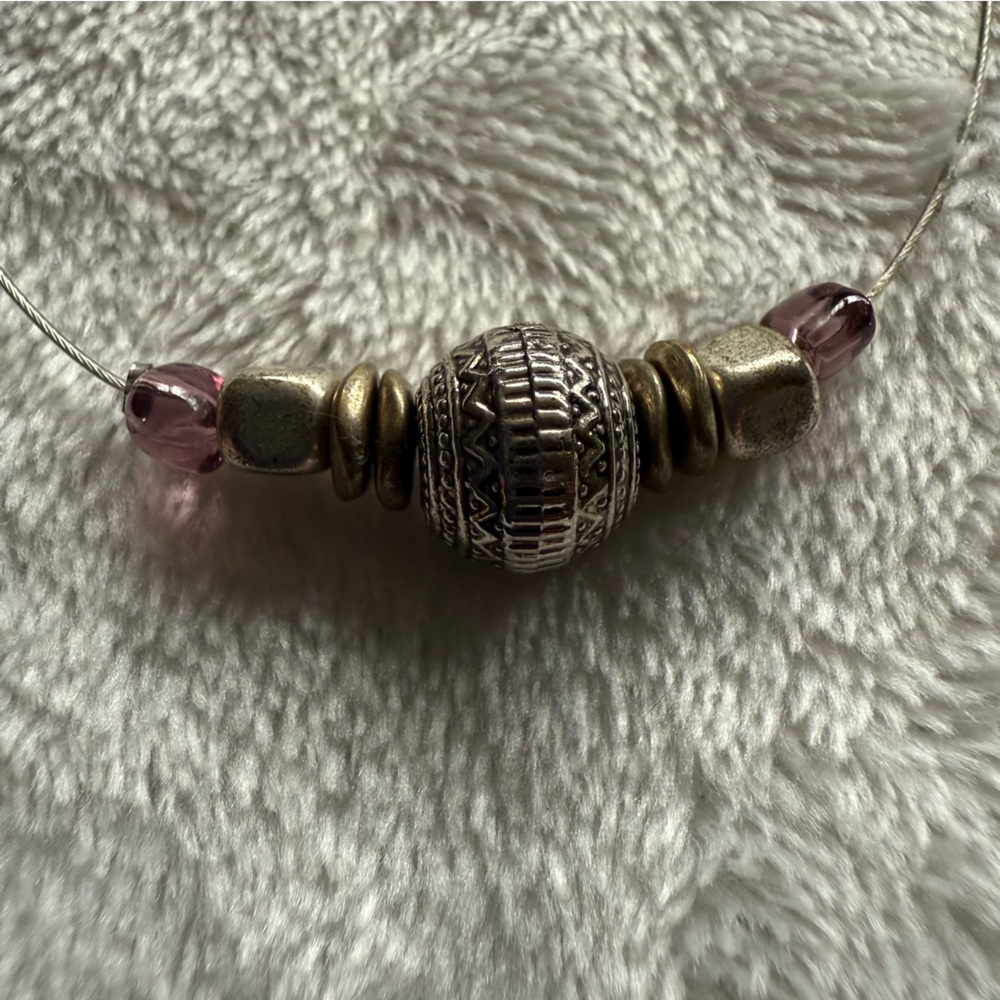 Elegant Silver and Pink Beaded Wire Strung Necklace